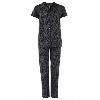 Joan Vass Women's Leopard Print Notched Collar Short Sleeve Pajama Set