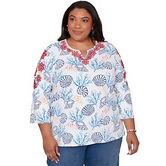 Plus Size Alfred Dunner Shell Print Embroidered Top