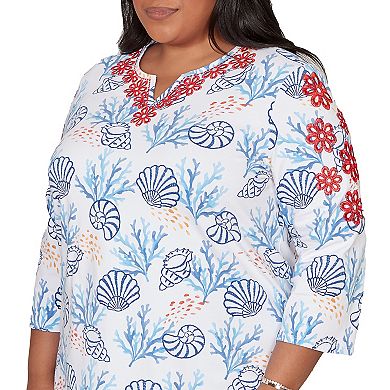 Plus Size Alfred Dunner Shell Print Embroidered Top