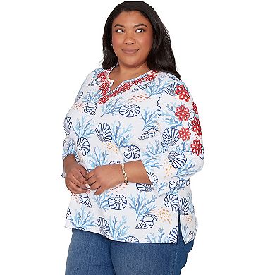 Plus Size Alfred Dunner Shell Print Embroidered Top