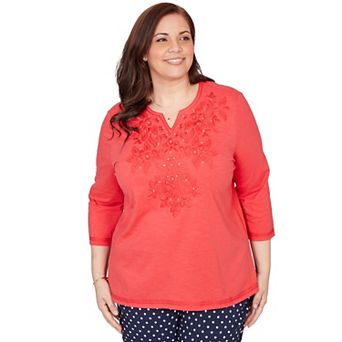 Plus Size Alfred Dunner Tonal Embroidered Split Neck Top