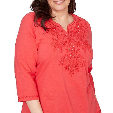 Plus Size Alfred Dunner Tonal Embroidered Split Neck Top