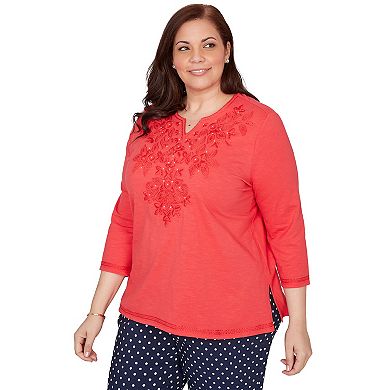 Plus Size Alfred Dunner Tonal Embroidered Split Neck Top