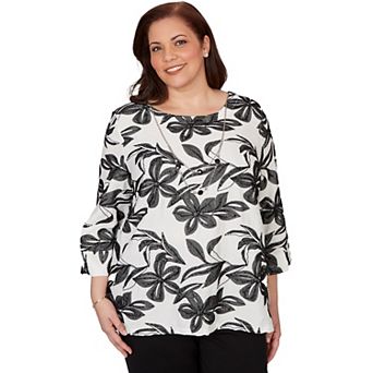 Plus Size Alfred Dunner Embroidered Flower Top with Necklace