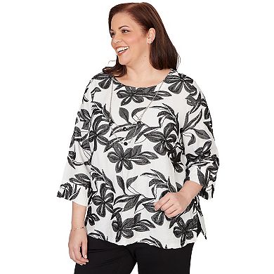 Plus Size Alfred Dunner Embroidered Flower Top with Necklace