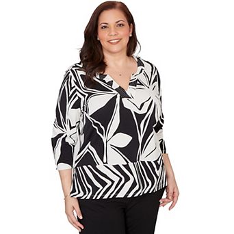 Plus Size Alfred Dunner Dramatic Abstract Floral Split Neck Top