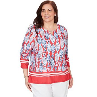 Plus Size Alfred Dunner Mosaic Fish Split Beaded Neck Top