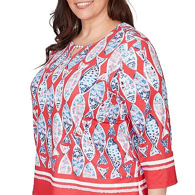 Plus Size Alfred Dunner Mosaic Fish Split Beaded Neck Top