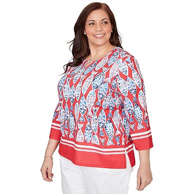 Plus Size Alfred Dunner Mosaic Fish Split Beaded Neck Top