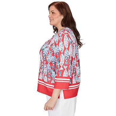Plus Size Alfred Dunner Mosaic Fish Split Beaded Neck Top