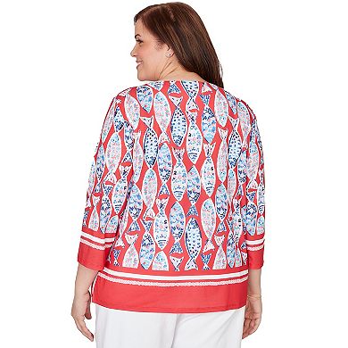 Plus Size Alfred Dunner Mosaic Fish Split Beaded Neck Top