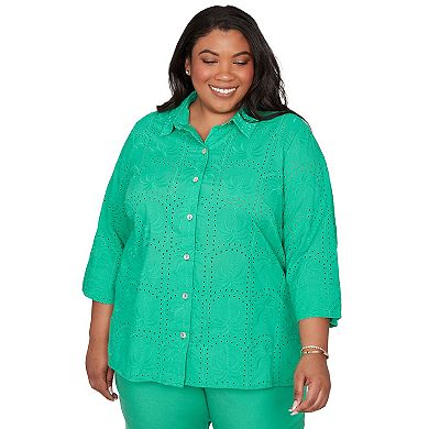 Plus Size Alfred Dunner Eyelet Palm Tree Button Front Top
