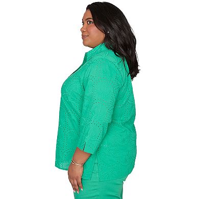 Plus Size Alfred Dunner Eyelet Palm Tree Button Front Top