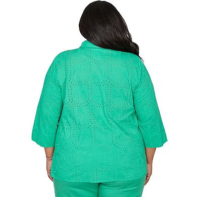 Plus Size Alfred Dunner Eyelet Palm Tree Button Front Top