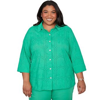 Plus Size Alfred Dunner Eyelet Palm Tree Button Front Top