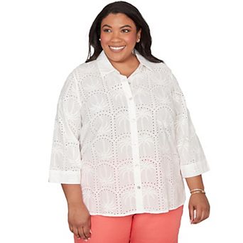 Plus Size Alfred Dunner Eyelet Palm Tree Button Front Top