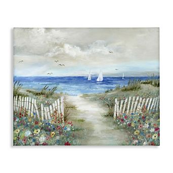 Stupell Home Decor Tranquil Beachside Flower Meadow Ocean Sailboats Canvas Wall Art