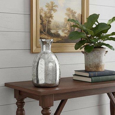 HomeRoots 18" Antiqued Silver Floral Glass Table Vase