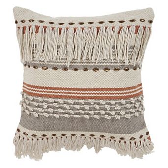 HomeRoots 18" Beige and Red Throw Pillow with Fringe