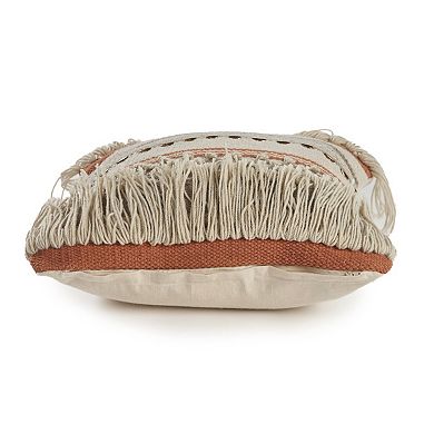 HomeRoots 18" Beige and Red Throw Pillow with Fringe