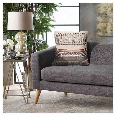 HomeRoots 18" Beige and Red Throw Pillow with Fringe