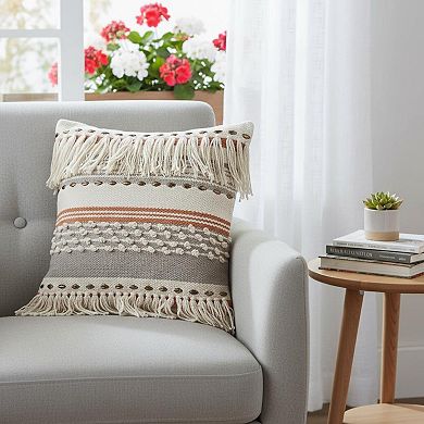 HomeRoots 18" Beige and Red Throw Pillow with Fringe