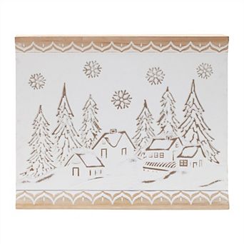 HomeRoots 16" X 19" Natural And White Winter Village Christmas Trees Hanging Wall Decor