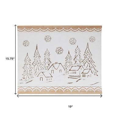 HomeRoots 16" X 19" Natural And White Winter Village Christmas Trees Hanging Wall Decor