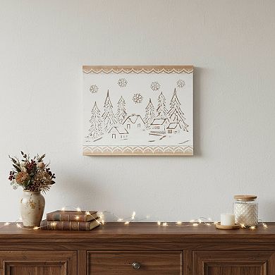 HomeRoots 16" X 19" Natural And White Winter Village Christmas Trees Hanging Wall Decor