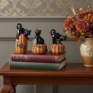 HomeRoots Set of Three Black And Orange Polyresin Halloween Black Cat Figurines