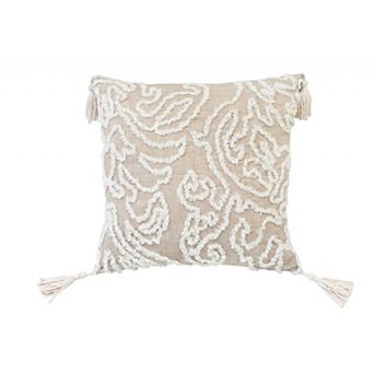 HomeRoots 17" Beige and White Throw Pillow with Tassels