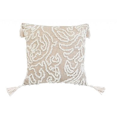 HomeRoots 17" Beige and White Throw Pillow with Tassels