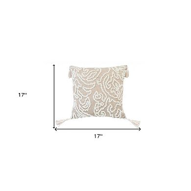 HomeRoots 17" Beige and White Throw Pillow with Tassels