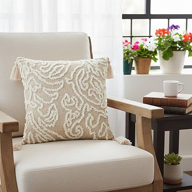 HomeRoots 17" Beige and White Throw Pillow with Tassels