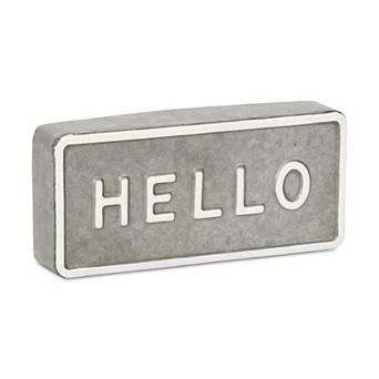 HomeRoots 4" Gray And White Galvanized Metal Hello Hand Painted Tabletop Sign