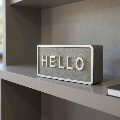 HomeRoots 4" Gray And White Galvanized Metal Hello Hand Painted Tabletop Sign