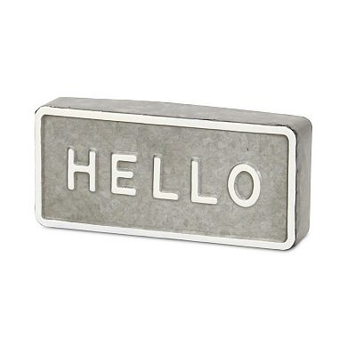 HomeRoots 4" Gray And White Galvanized Metal Hello Hand Painted Tabletop Sign
