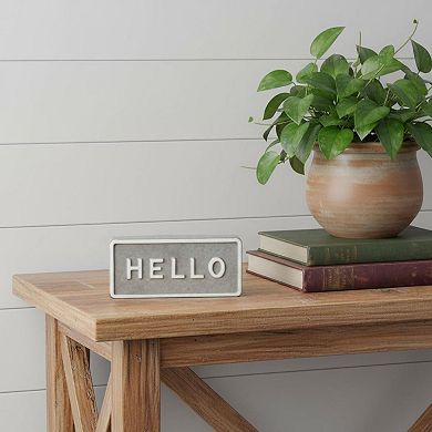 HomeRoots 4" Gray And White Galvanized Metal Hello Hand Painted Tabletop Sign