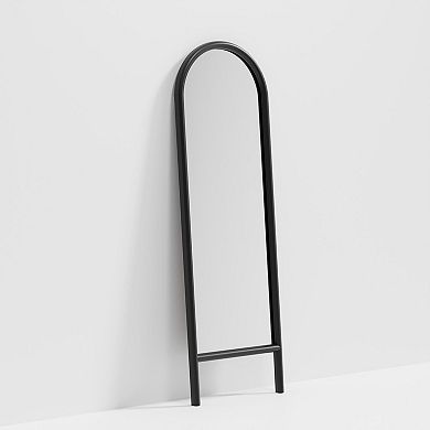 HomeRoots 64" Black Solid Wood Arch Leaning Ladder Framed Full Length Mirror