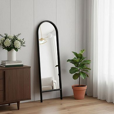 HomeRoots 64" Black Solid Wood Arch Leaning Ladder Framed Full Length Mirror