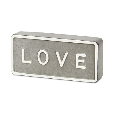 HomeRoots 4" Gray And White Galvanized Metal Love Hand Painted Tabletop Sign