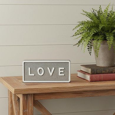 HomeRoots 4" Gray And White Galvanized Metal Love Hand Painted Tabletop Sign