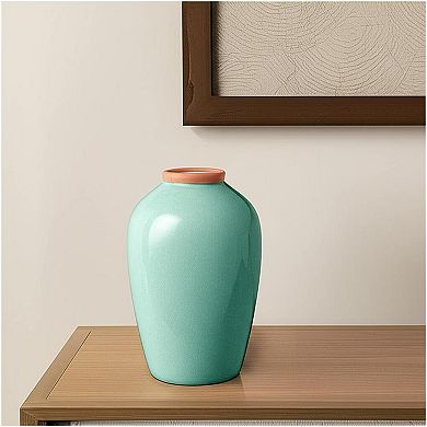 HomeRoots 13" Aqua And Terra Cotta Ceramic Round Table Vase