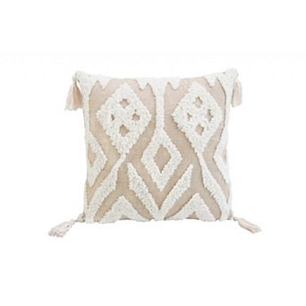 HomeRoots 17" X 17" Beige And White Ikat Zippered Polyester Throw Pillow With Tassels