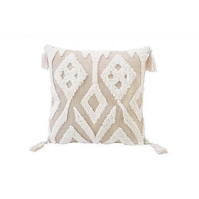 HomeRoots 17" X 17" Beige And White Ikat Zippered Polyester Throw Pillow With Tassels