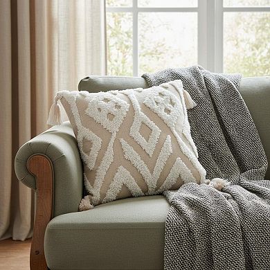 HomeRoots 17" X 17" Beige And White Ikat Zippered Polyester Throw Pillow With Tassels