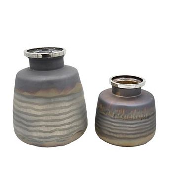 HomeRoots Set of Two Black And Gray Abstract Glass Round Table Vases