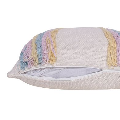 HomeRoots 20" X 20" Blue and Off White Braided Cotton Zippered Pillow With Fringe