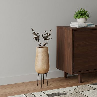 HomeRoots 15" Natural Wood And Metal Cylinder Floor Vase