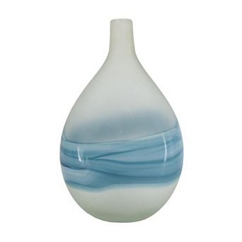 HomeRoots 16" White And Blue Swirl Art Glass Table Vase